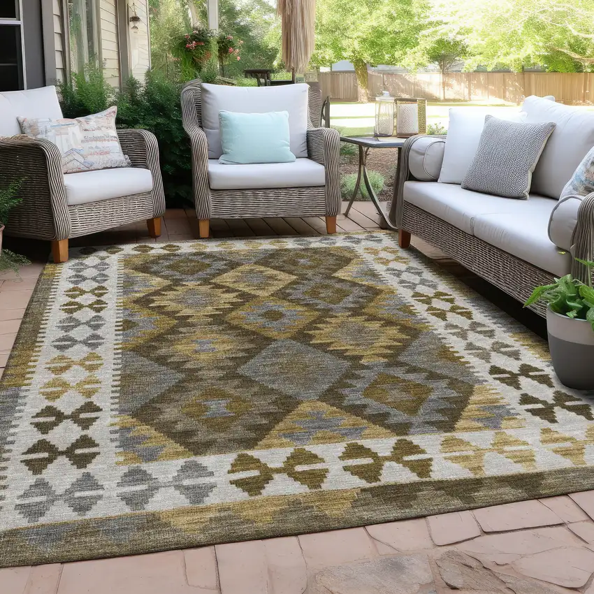 Brown Ivory And Gold Tribal Washable Indoor Outdoor Area Rug Photo 8