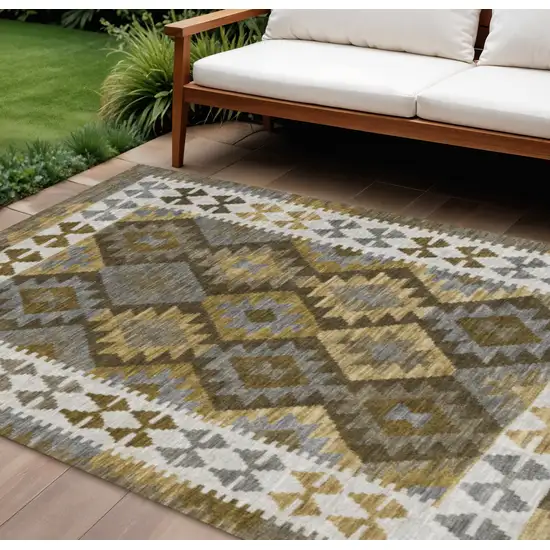 Brown Ivory And Gold Tribal Washable Indoor Outdoor Area Rug Photo 2