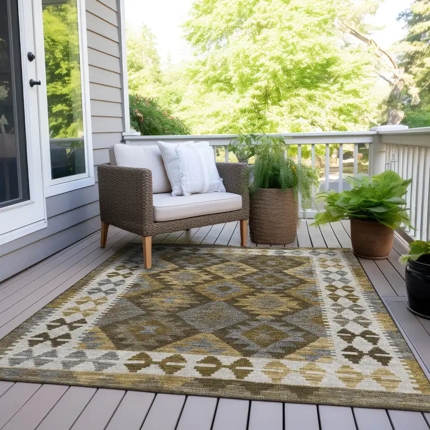 Brown Ivory And Gold Tribal Washable Indoor Outdoor Area Rug Photo 5