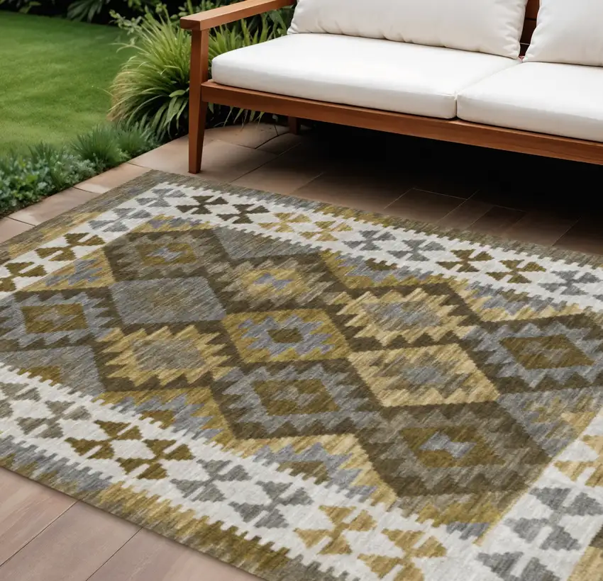 Brown Ivory And Gold Tribal Washable Indoor Outdoor Area Rug Photo 2