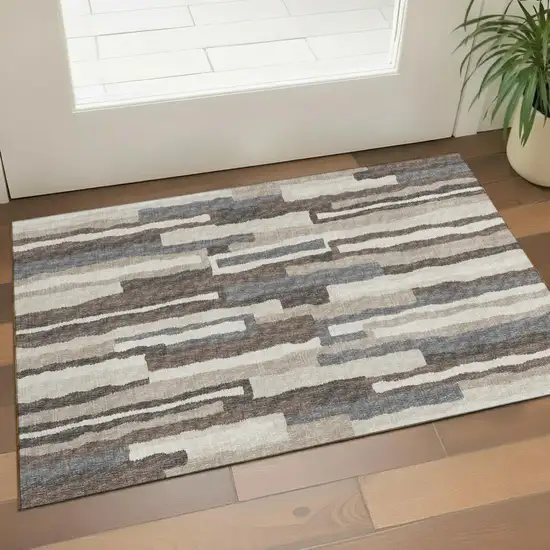 Brown Ivory And Gray Abstract Washable Area Rug With UV Protection Photo 1