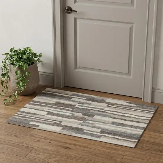 Brown Ivory And Gray Abstract Distressed Washable Area Rug With UV Protection Photo 1