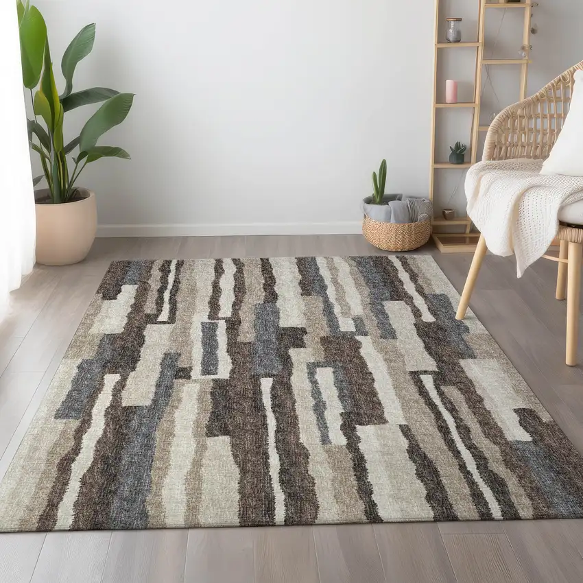 Brown Ivory And Gray Abstract Washable Area Rug With UV Protection Photo 7