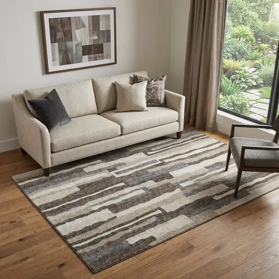 Brown Ivory And Gray Abstract Distressed Washable Area Rug With UV Protection Photo 1