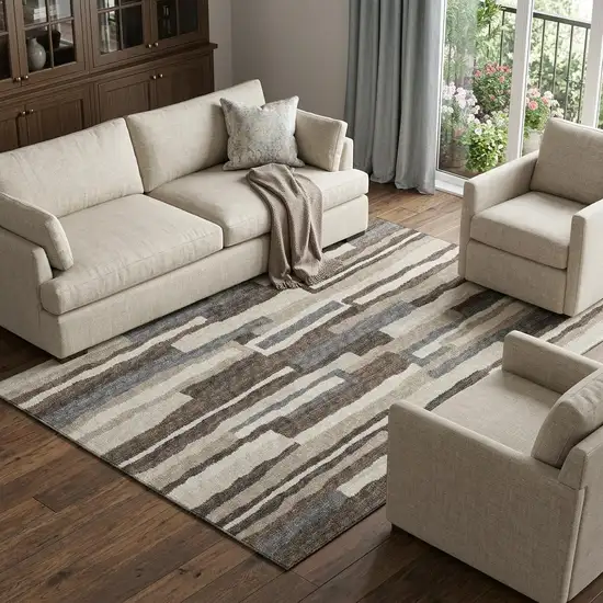 Brown Ivory And Gray Abstract Distressed Washable Area Rug With UV Protection Photo 1