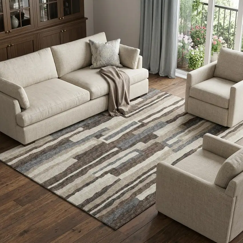 Brown Ivory And Gray Abstract Distressed Washable Area Rug With UV Protection Photo 1