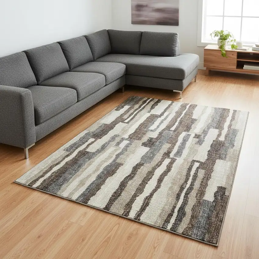 Brown Ivory And Gray Abstract Washable Area Rug With UV Protection Photo 1