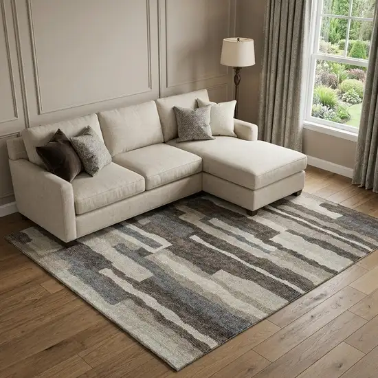Brown Ivory And Gray Abstract Distressed Washable Area Rug With UV Protection Photo 1