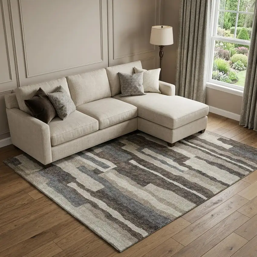 Brown Ivory And Gray Abstract Distressed Washable Area Rug With UV Protection Photo 1