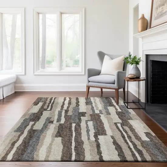 Brown Ivory And Gray Abstract Washable Area Rug With UV Protection Photo 4