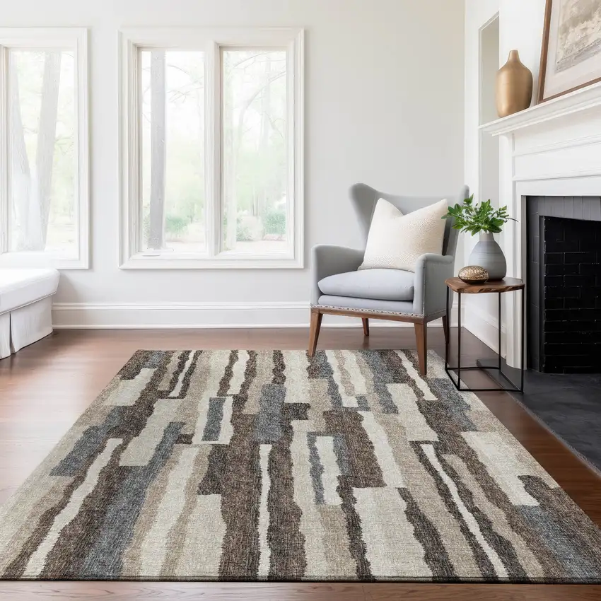 Brown Ivory And Gray Abstract Washable Area Rug With UV Protection Photo 4