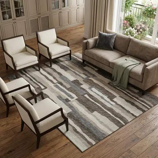 Brown Ivory And Gray Abstract Washable Area Rug With UV Protection Photo 1