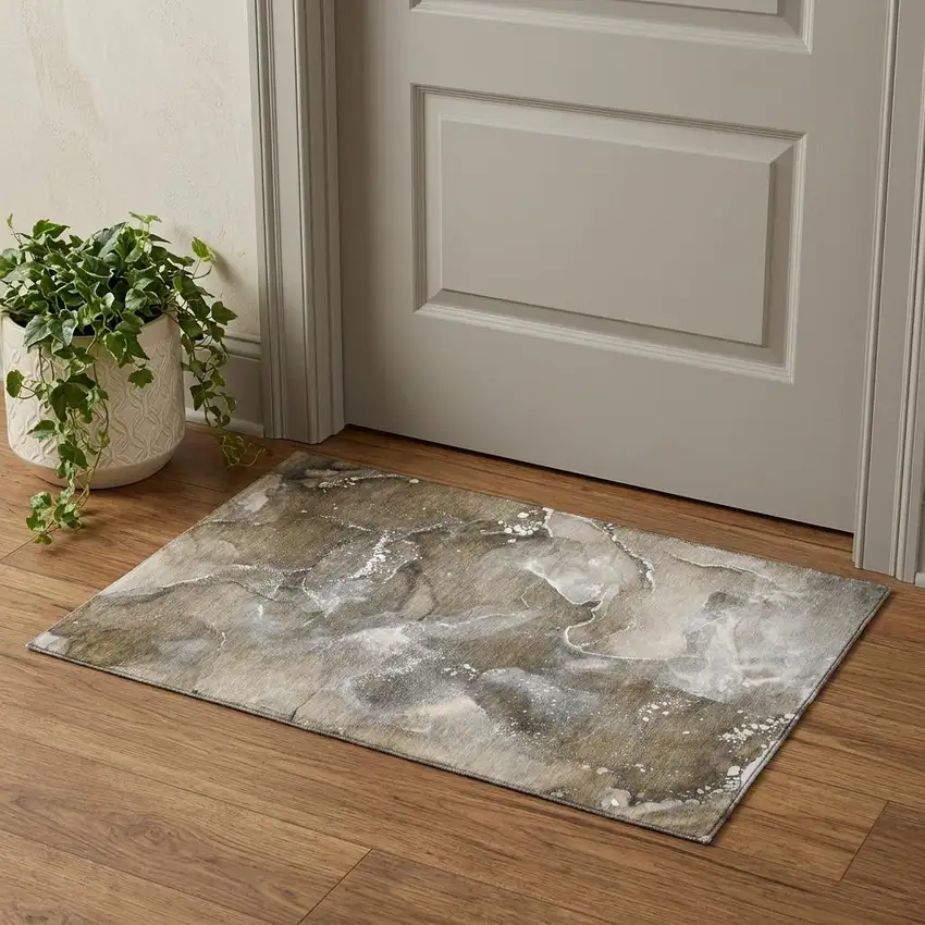 Brown Ivory And Gray Abstract Washable Area Rug With UV Protection Photo 1