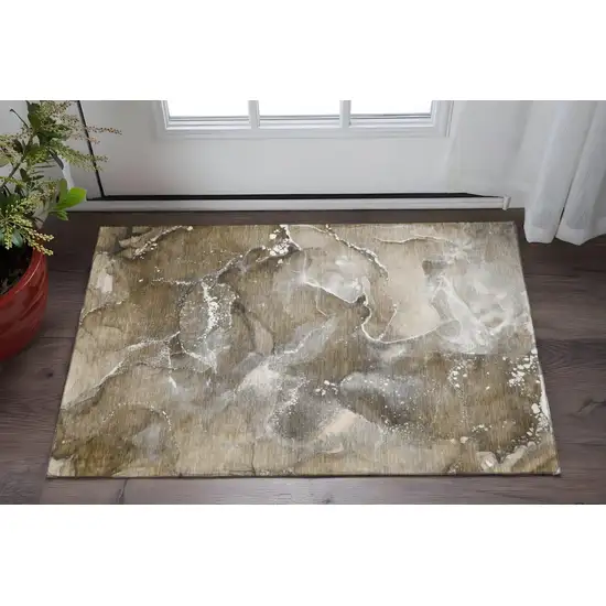 Brown Ivory And Gray Abstract Washable Area Rug With UV Protection Photo 2