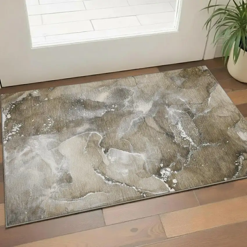 Brown Ivory And Gray Abstract Washable Area Rug With UV Protection Photo 1