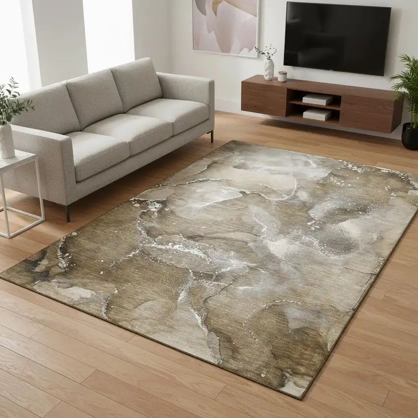 Brown Ivory And Gray Abstract Washable Area Rug With UV Protection Photo 2