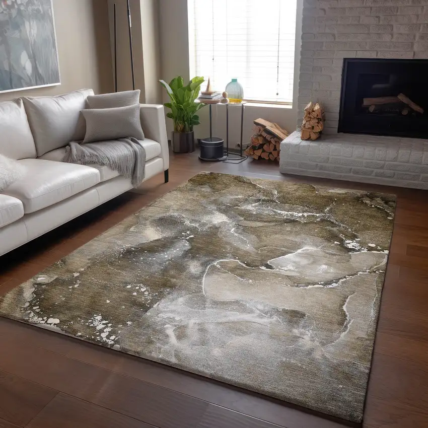 Brown Ivory And Gray Abstract Washable Area Rug With UV Protection Photo 6