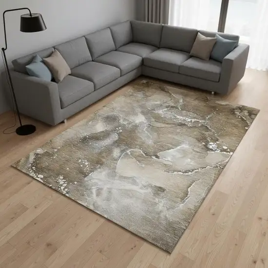 Brown Ivory And Gray Abstract Washable Area Rug With UV Protection Photo 1