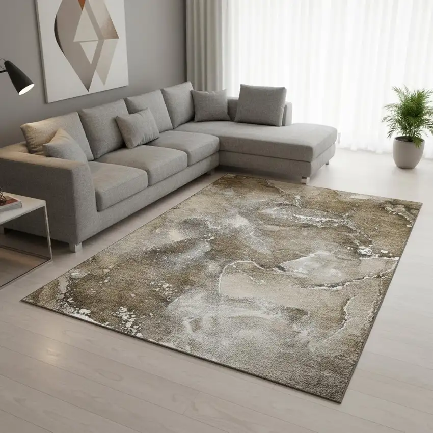 Brown Ivory And Gray Abstract Washable Area Rug With UV Protection Photo 2