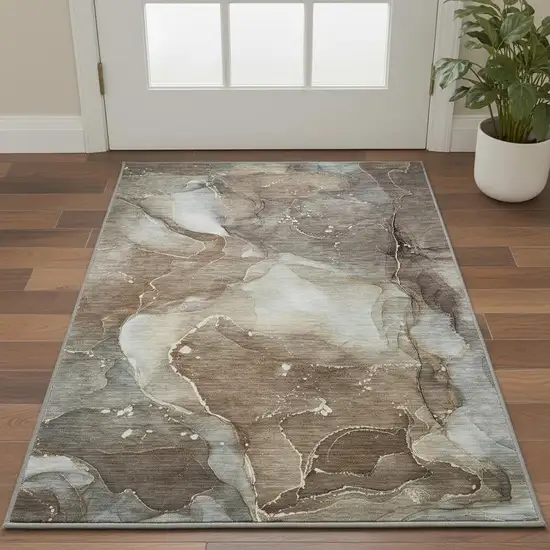 Brown Ivory And Gray Abstract Washable Area Rug With UV Protection Photo 2