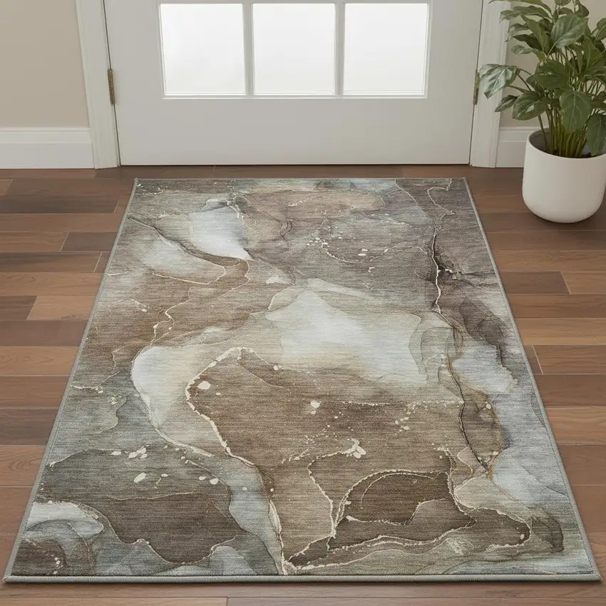 Brown Ivory And Gray Abstract Washable Area Rug With UV Protection Photo 2