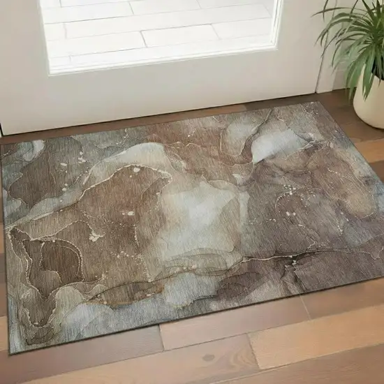 Brown Ivory And Gray Abstract Washable Area Rug With UV Protection Photo 1