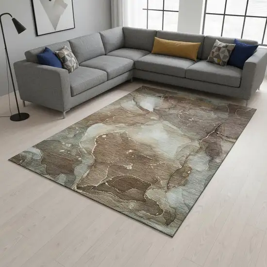 Brown Ivory And Gray Abstract Washable Area Rug With UV Protection Photo 1