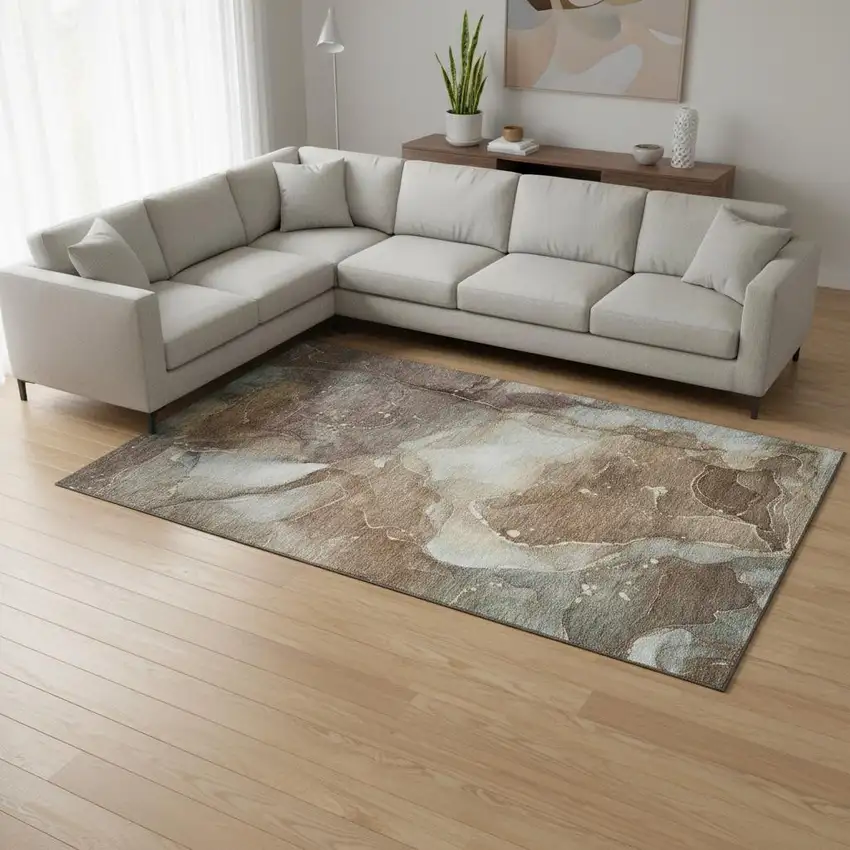 Brown Ivory And Gray Abstract Washable Area Rug With UV Protection Photo 1