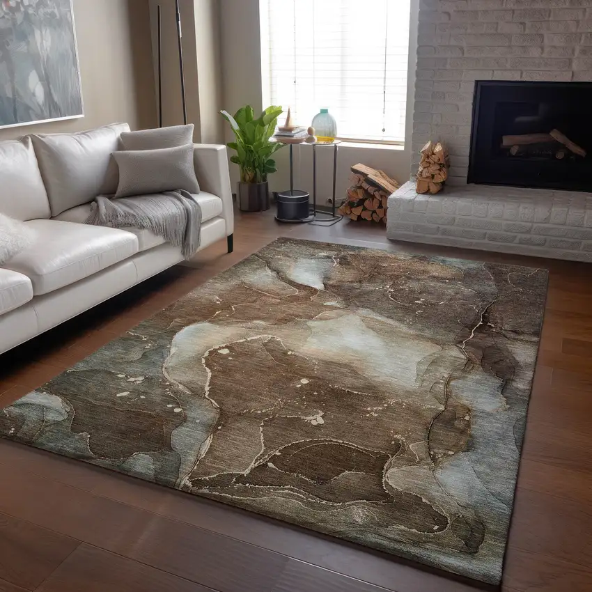Brown Ivory And Gray Abstract Washable Area Rug With UV Protection Photo 6