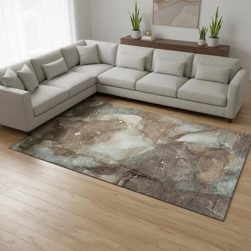 Brown Ivory And Gray Abstract Washable Area Rug With UV Protection Photo 1