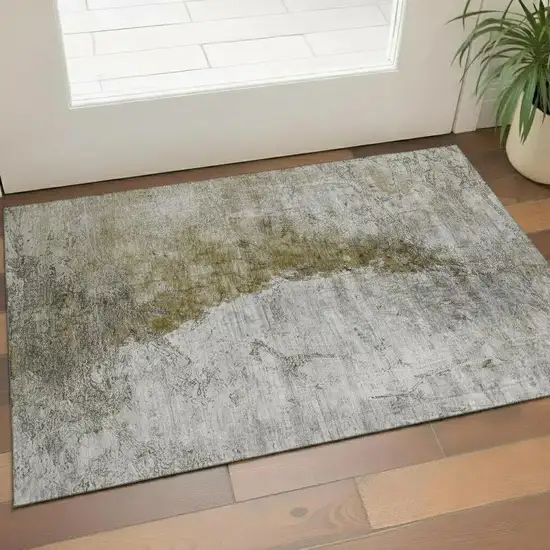 Brown Ivory And Gray Abstract Washable Area Rug With UV Protection Photo 1