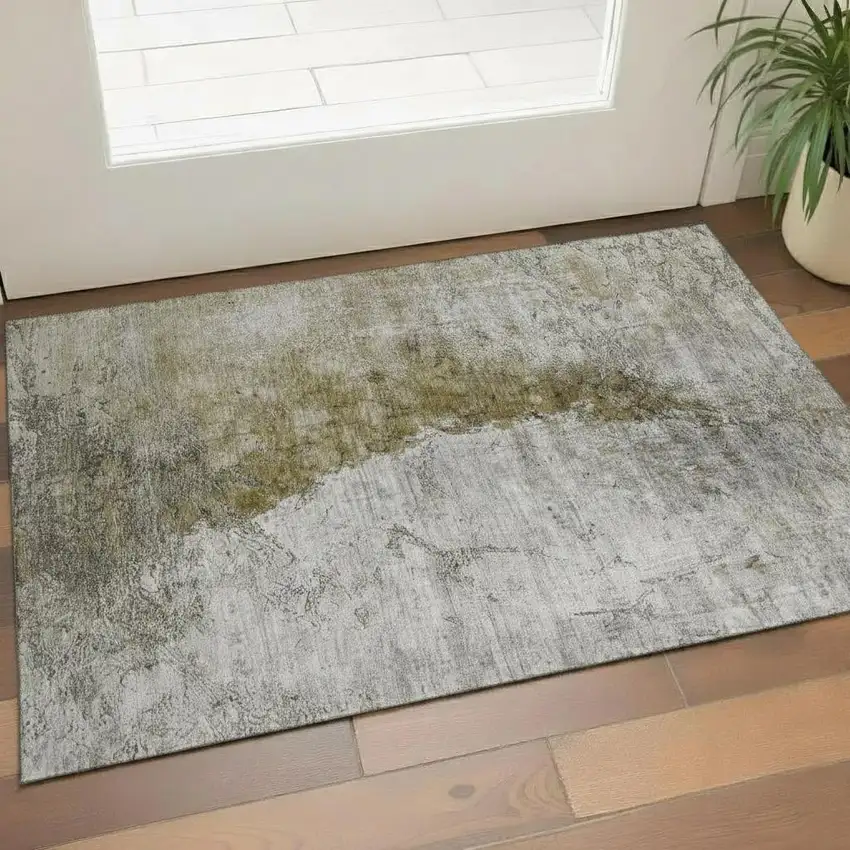 Brown Ivory And Gray Abstract Washable Area Rug With UV Protection Photo 1