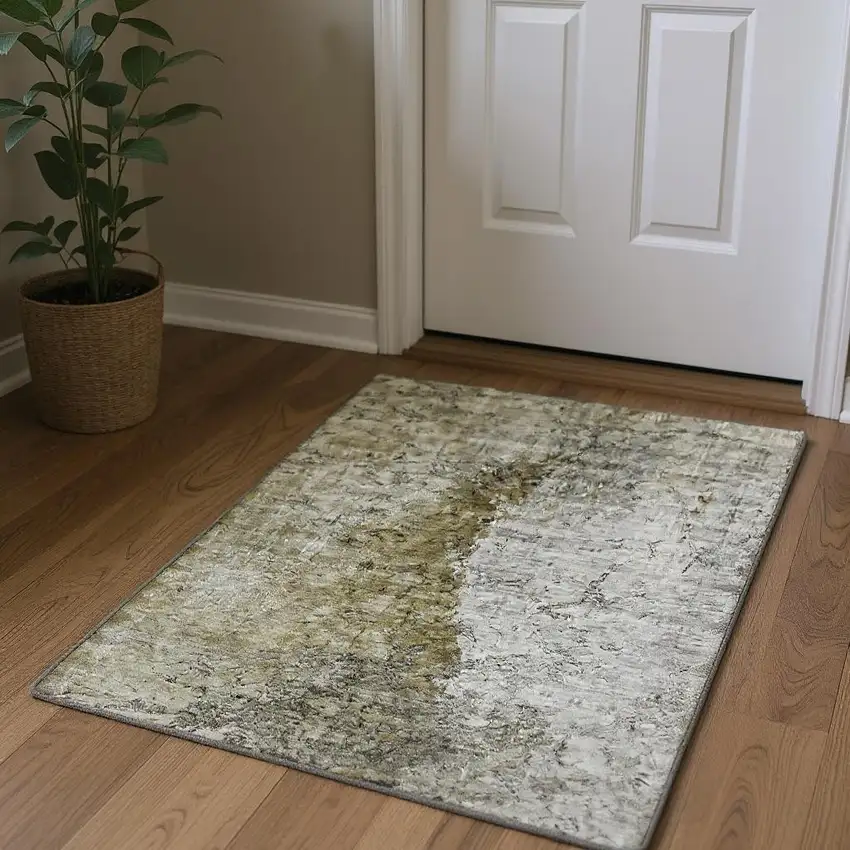 Brown Ivory And Gray Abstract Washable Area Rug With UV Protection Photo 2