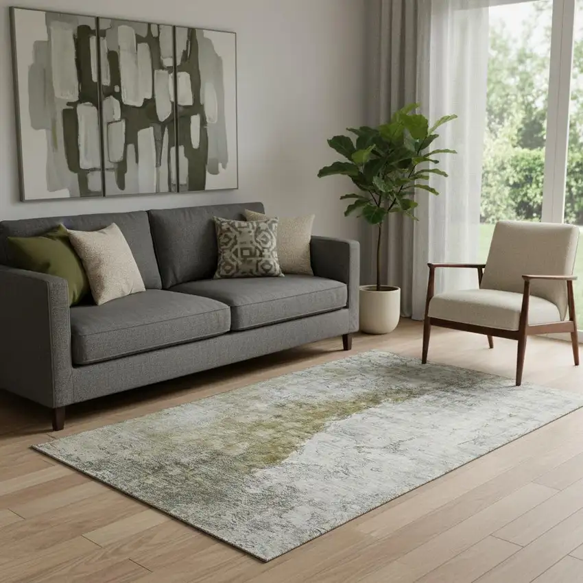 Brown Ivory And Gray Abstract Washable Area Rug With UV Protection Photo 1