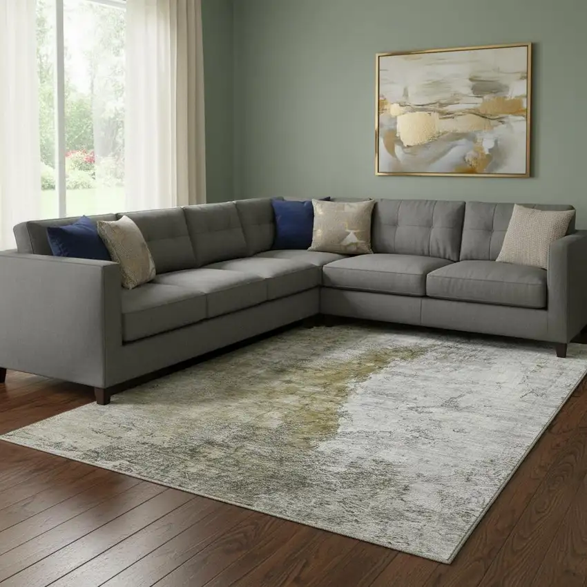 Brown Ivory And Gray Abstract Washable Area Rug With UV Protection Photo 1