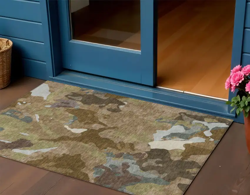 Brown Ivory And Gray Abstract Washable Indoor Outdoor Area Rug Photo 2