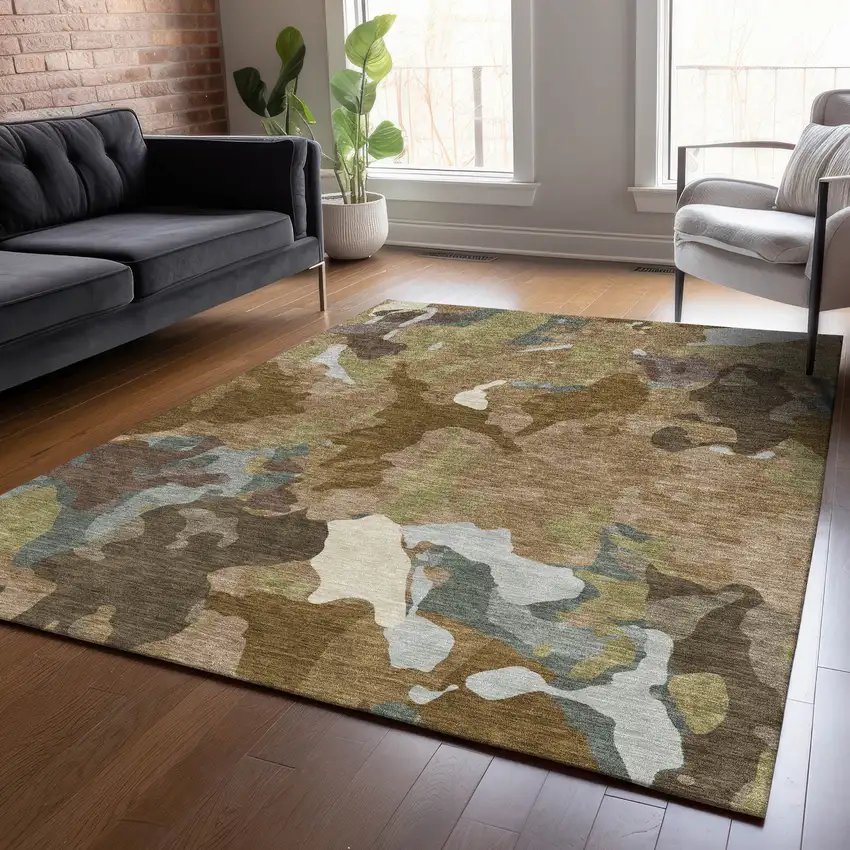 Brown Ivory And Gray Abstract Washable Indoor Outdoor Area Rug Photo 9