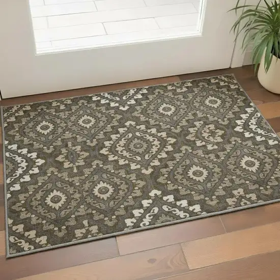 Brown Ivory And Gray Diamond Washable Area Rug With UV Protection Photo 2