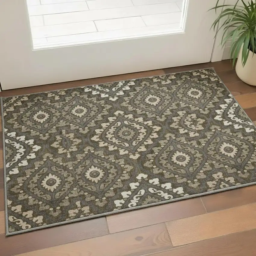 Brown Ivory And Gray Diamond Washable Area Rug With UV Protection Photo 2