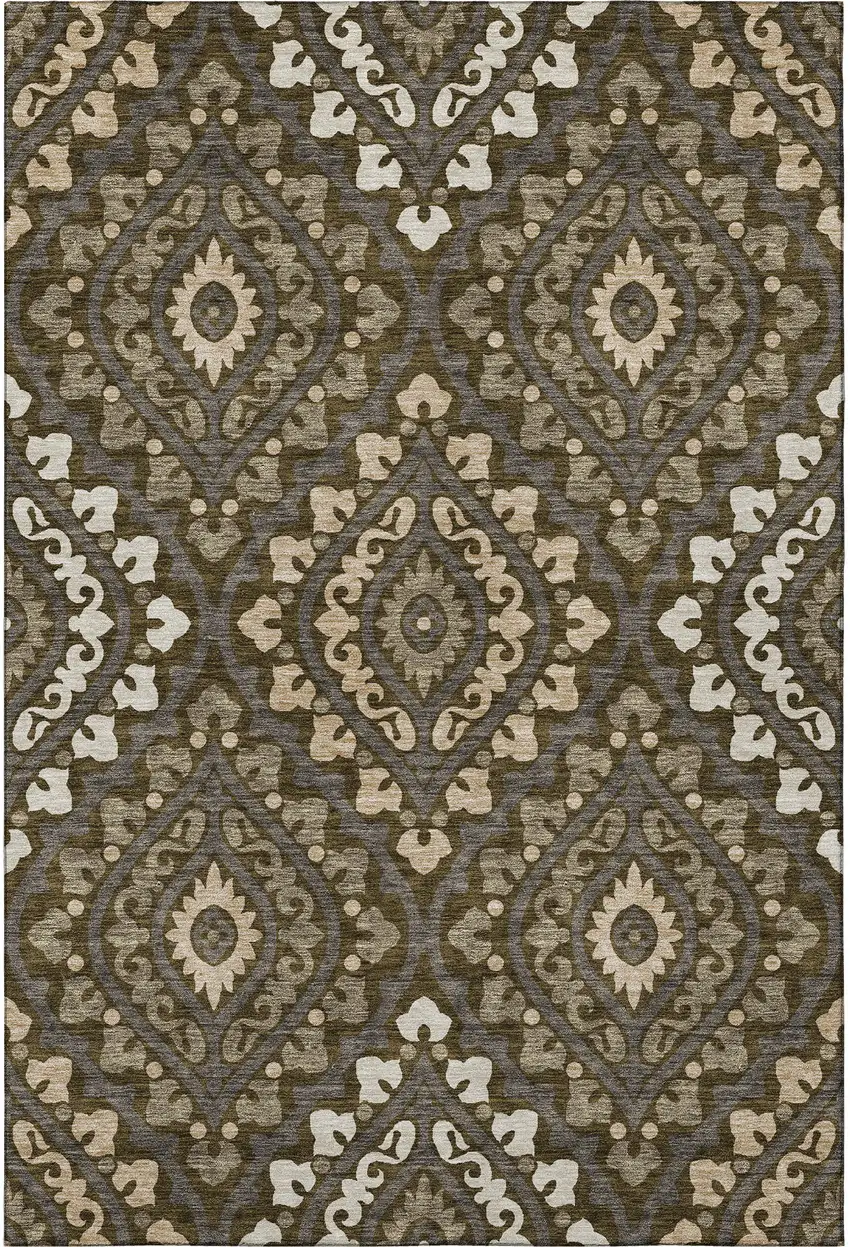 Brown Ivory And Gray Diamond Washable Area Rug With UV Protection Photo 4