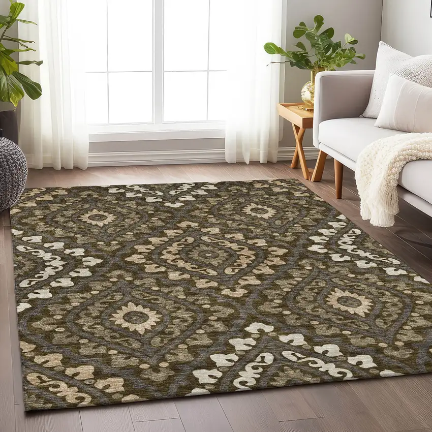 Brown Ivory And Gray Diamond Washable Area Rug With UV Protection Photo 5