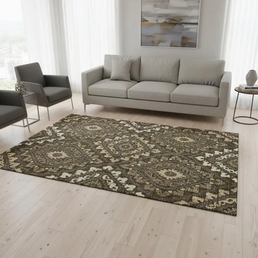 Brown Ivory And Gray Diamond Washable Area Rug With UV Protection Photo 2