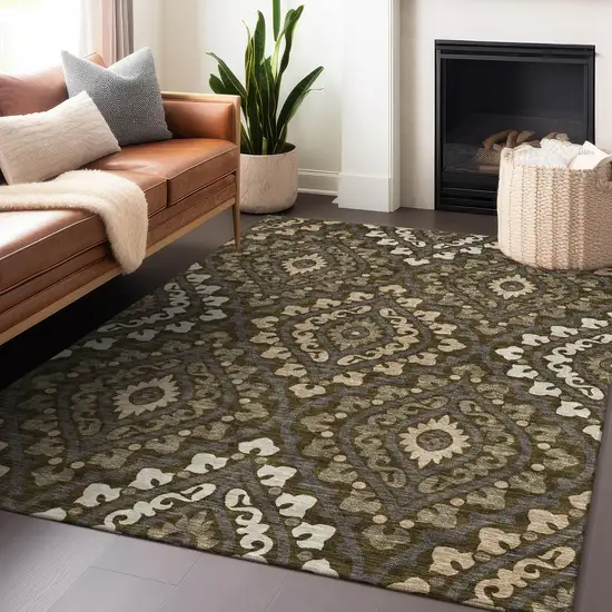 Brown Ivory And Gray Diamond Washable Area Rug With UV Protection Photo 6