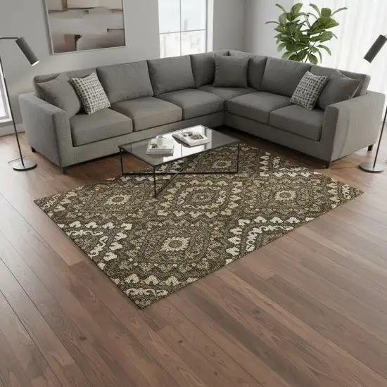 Brown Ivory And Gray Diamond Washable Area Rug With UV Protection Photo 2