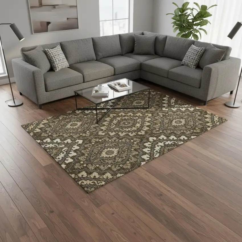 Brown Ivory And Gray Diamond Washable Area Rug With UV Protection Photo 2