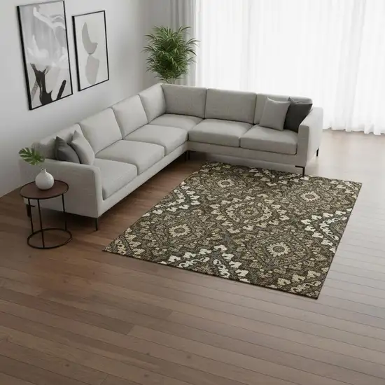 Brown Ivory And Gray Diamond Washable Area Rug With UV Protection Photo 2