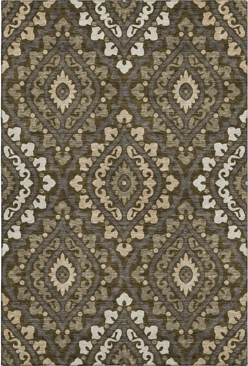 Brown Ivory And Gray Diamond Washable Area Rug With UV Protection Photo 1