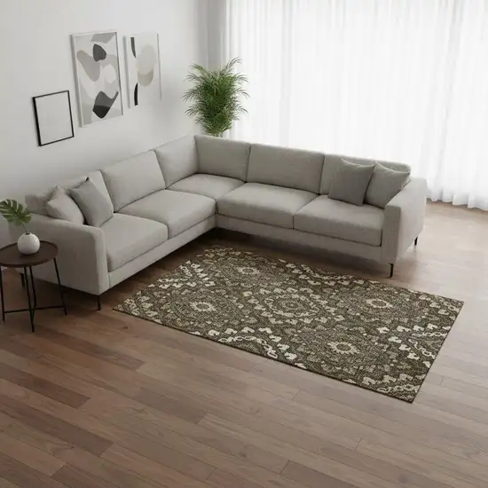 Brown Ivory And Gray Diamond Washable Area Rug With UV Protection Photo 2