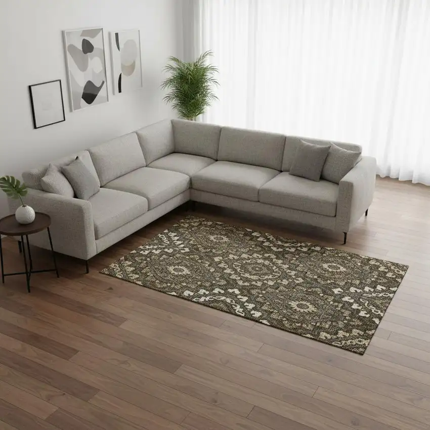 Brown Ivory And Gray Diamond Washable Area Rug With UV Protection Photo 2