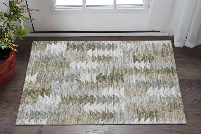 Brown Ivory And Gray Geometric Washable Area Rug With UV Protection Photo 2